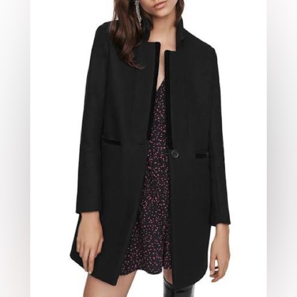 Maje Black Women's Coat with velvet trim details size 40
